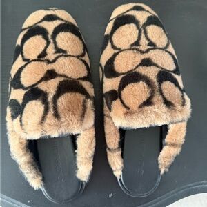 Coach Leopard Print Furry Slides - Tan & Black